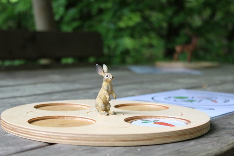 Plateau de jeu présentant le régime alimentaire du lièvre, avec figurine d'un lièvre