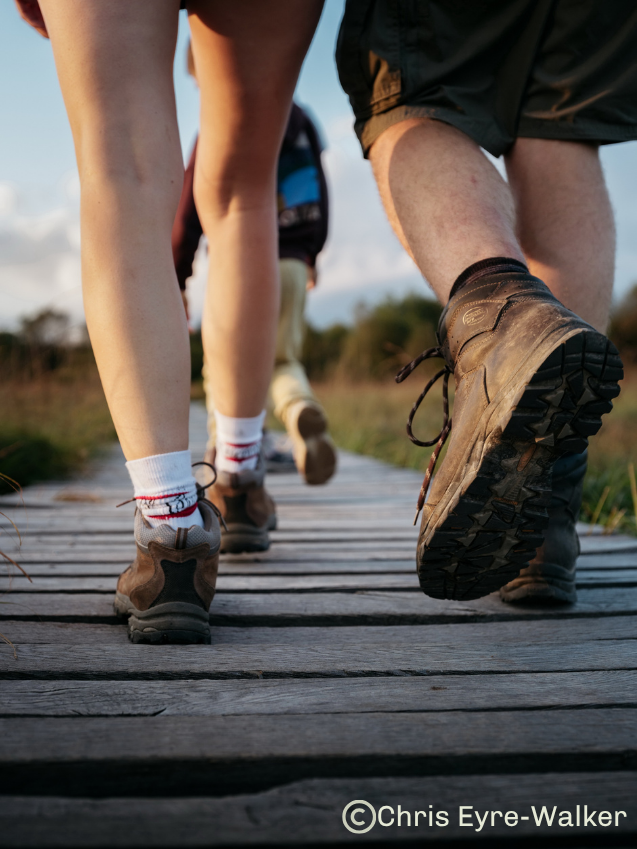 Jambes de promeneurs sur des caillebottis